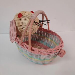 Vintage Woven Wicker Bunny Easter Handled Basket with Pastel Colors
